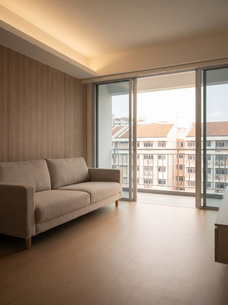 Condominium living room with city view