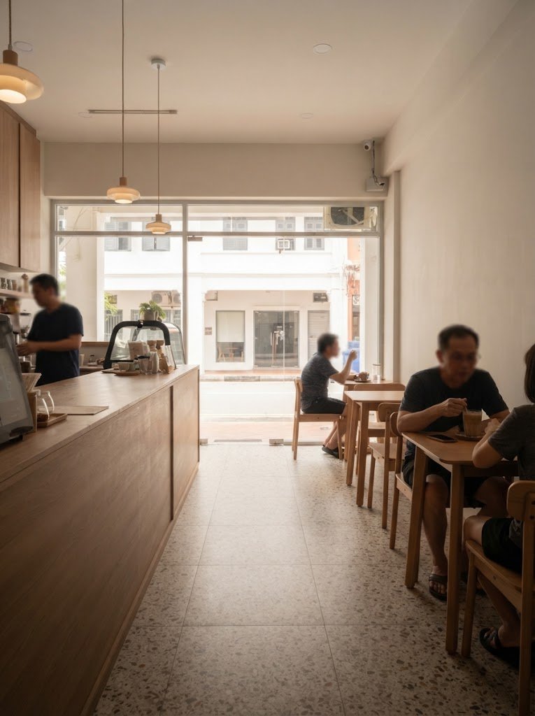 Small cafe interior with timber counter